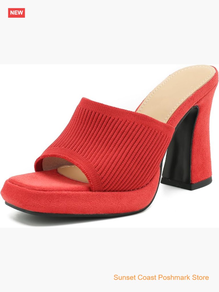 Women's Knit Platform Mule Sandals Square Toe Block Heel Slip-On Slides Chunky